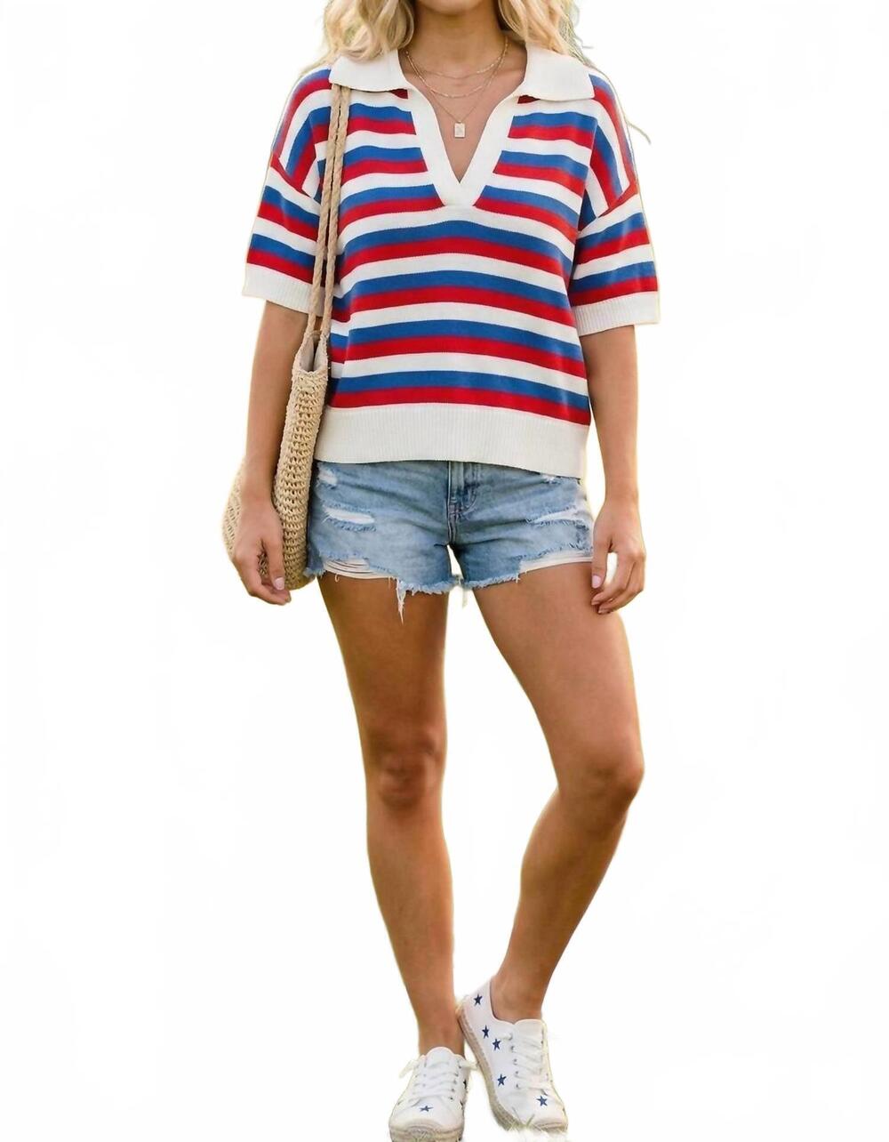 NEW SEWN AND SEEN women's americana striped lightweight sweater top in red/blue/ - Picture 4 of 5